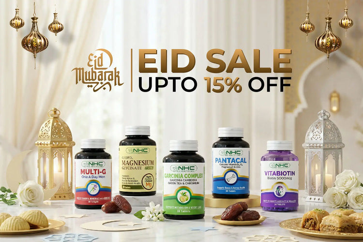 NHC Nutrix Health Care Eid Sale – Up to 15% off on Multi-G, Magnesium Glycinate, Garcinia Complex, Pantacal, and Vitabiotin supplements. Eid Mubarak themed banner with golden lanterns and festive décor.