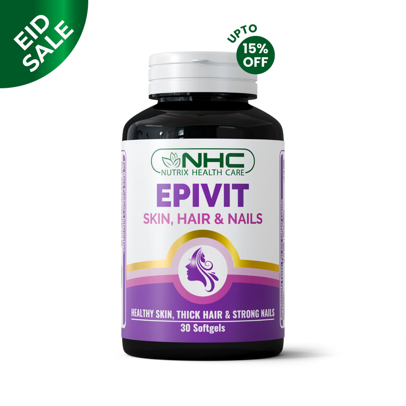 Epivit softgel bottle front, Hair Nails Skin formula with 11 nutrients
