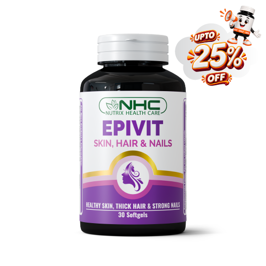 A bottle of NHC Epivit Skin, Hair & Nails softgels on a white background, featuring a promotional badge in the top right corner offering up to 25% off.