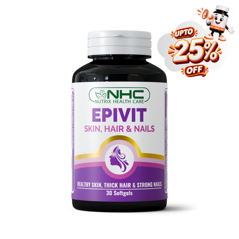 A bottle of NHC Epivit Skin, Hair & Nails softgels on a white background, featuring a promotional badge in the top right corner offering up to 25% off.