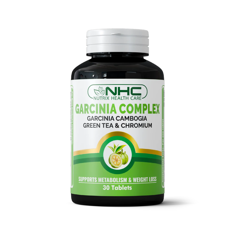 NHC Nutrix Health Care Garcinia Complex with Garcinia Cambogia, Green Tea and Chromium supplement bottle front view, 30 tablets, supports metabolism and weight loss