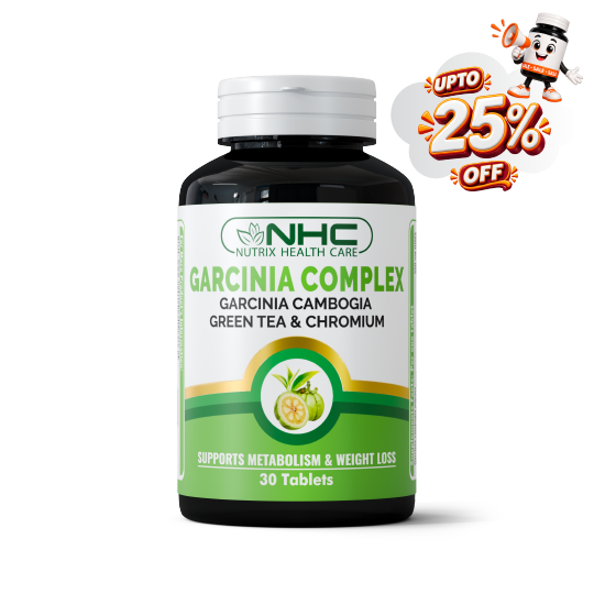 A bottle of NHC Nutrix Health Care Garcinia Complex dietary supplement, featuring a white and green label with a white cap, shown on a white background with a promotional 'UPTO 25% OFF' cartoon badge in the top right corner.