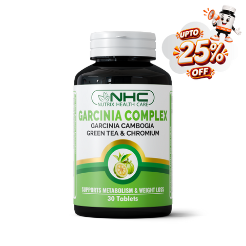 A bottle of NHC Nutrix Health Care Garcinia Complex dietary supplement, featuring a white and green label with a white cap, shown on a white background with a promotional 'UPTO 25% OFF' cartoon badge in the top right corner.