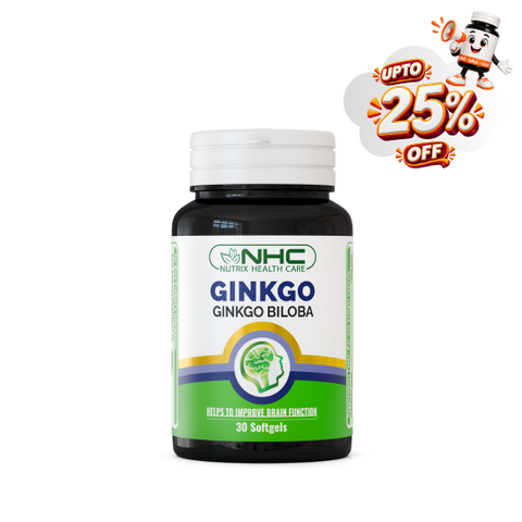 A bottle of NHC Nutrix Health Care Ginkgo Biloba softgels on a white background, featuring a promotional badge in the top right corner offering up to 25% off.