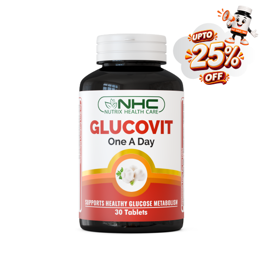 NHC Glucovit One A Day supplement bottle with 30 tablets, shown on a white background with a promotional 'UPTO 25% OFF' badge in the top right corner.