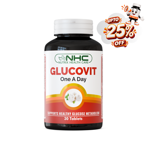 NHC Glucovit One A Day supplement bottle with 30 tablets, shown on a white background with a promotional 'UPTO 25% OFF' badge in the top right corner.
