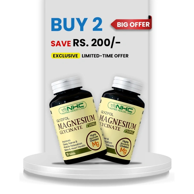 Two bottles of NHC Glucol Magnesium Glycinate 200mg displayed on a white pedestal with promotional text overlay 'BUY 2 BIG OFFER SAVE RS. 200/-'.