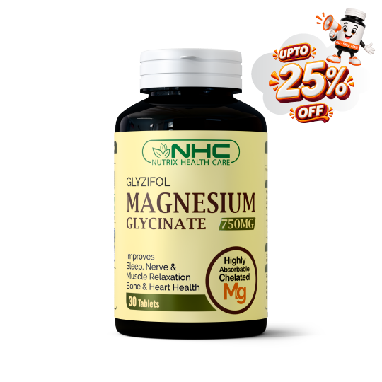 A bottle of NHC Nutrix Health Care Glycifol Magnesium Glycinate 750mg tablets, shown on a white background with a promotional 'UPTO 25% OFF' graphic overlay in the top right corner.
