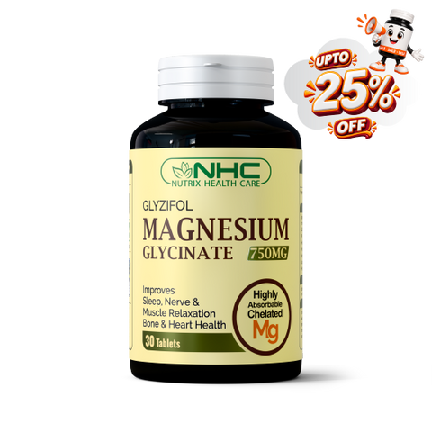 A bottle of NHC Nutrix Health Care Glycifol Magnesium Glycinate 750mg tablets, shown on a white background with a promotional 'UPTO 25% OFF' graphic overlay in the top right corner.