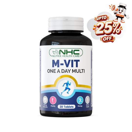 A bottle of NHC Nutrix Health Care M-VIT One A Day Multi tablets, featuring a white cap and a white label with blue and green branding, set against a plain white background with a promotional 'UPTO 25% OFF' graphic overlay in the top right corner.
