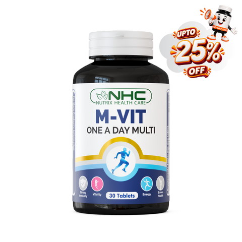 A bottle of NHC Nutrix Health Care M-VIT One A Day Multi tablets, featuring a white cap and a white label with blue and green branding, set against a plain white background with a promotional 'UPTO 25% OFF' graphic overlay in the top right corner.