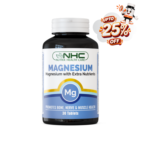 A bottle of NHC Nutrix Health Care Magnesium supplement with a white cap and a white, blue, and yellow label, shown on a white background with a 'UPTO 25% OFF' promotional badge in the top right corner.