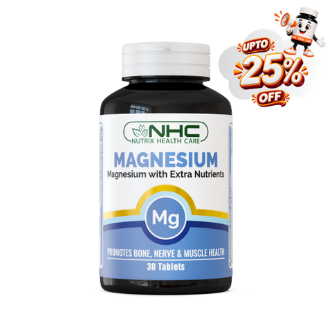 A bottle of NHC Nutrix Health Care Magnesium supplement with a white cap and a white, blue, and yellow label, shown on a white background with a 'UPTO 25% OFF' promotional badge in the top right corner.