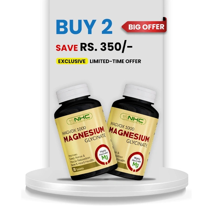 Two bottles of NHC Magnesium Glycinate supplement displayed on a white pedestal with promotional text reading 'BUY 2 BIG OFFER' and 'SAVE RS. 350/-'.
