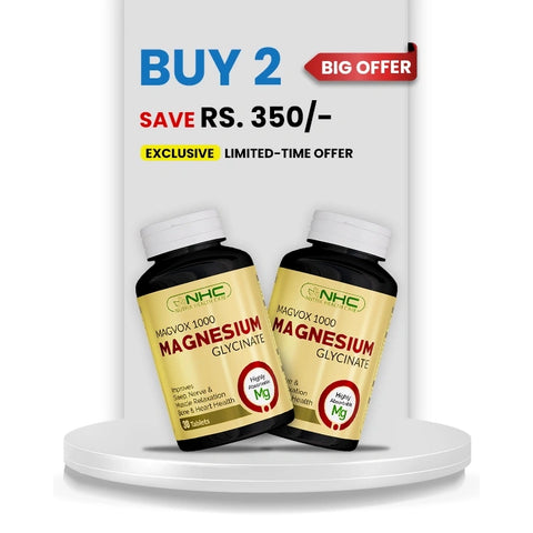 Two bottles of NHC Magnesium Glycinate supplement displayed on a white pedestal with promotional text reading 'BUY 2 BIG OFFER' and 'SAVE RS. 350/-'.