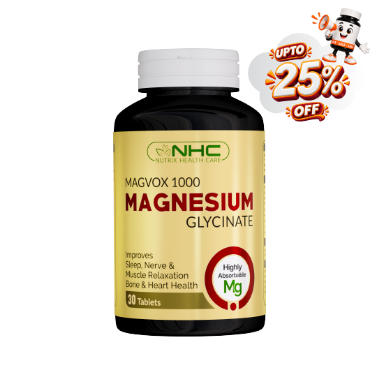 NHC Magvox 1000 Magnesium Glycinate supplement bottle with a white cap and a beige label, shown on a white background with a promotional 'Upto 25% Off' badge in the top right corner.