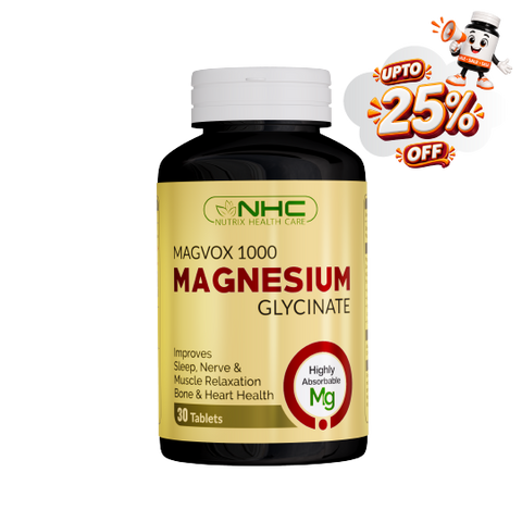 NHC Magvox 1000 Magnesium Glycinate supplement bottle with a white cap and a beige label, shown on a white background with a promotional 'Upto 25% Off' badge in the top right corner.