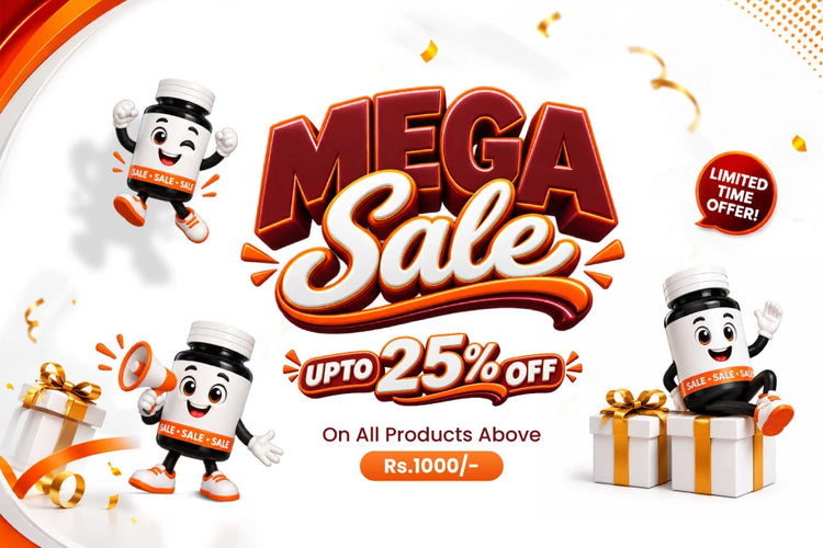 Promotional sale graphic with large 3D text reading 'MEGA Sale' and 'Upto 25% Off' on a white background, plus cartoon character mascots, gift boxes, confetti, and a badge that says 'Limited Time Offer'.