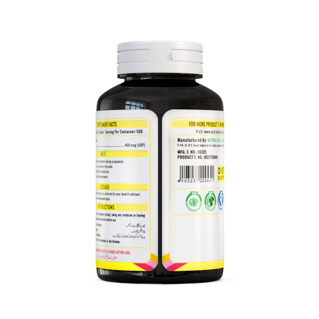 NHC Melf Folic Acid 400mcg supplement bottle back label showing supplement facts and dosage