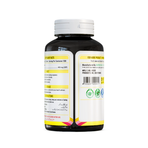 NHC Melf Folic Acid 400mcg supplement bottle back label showing supplement facts and dosage