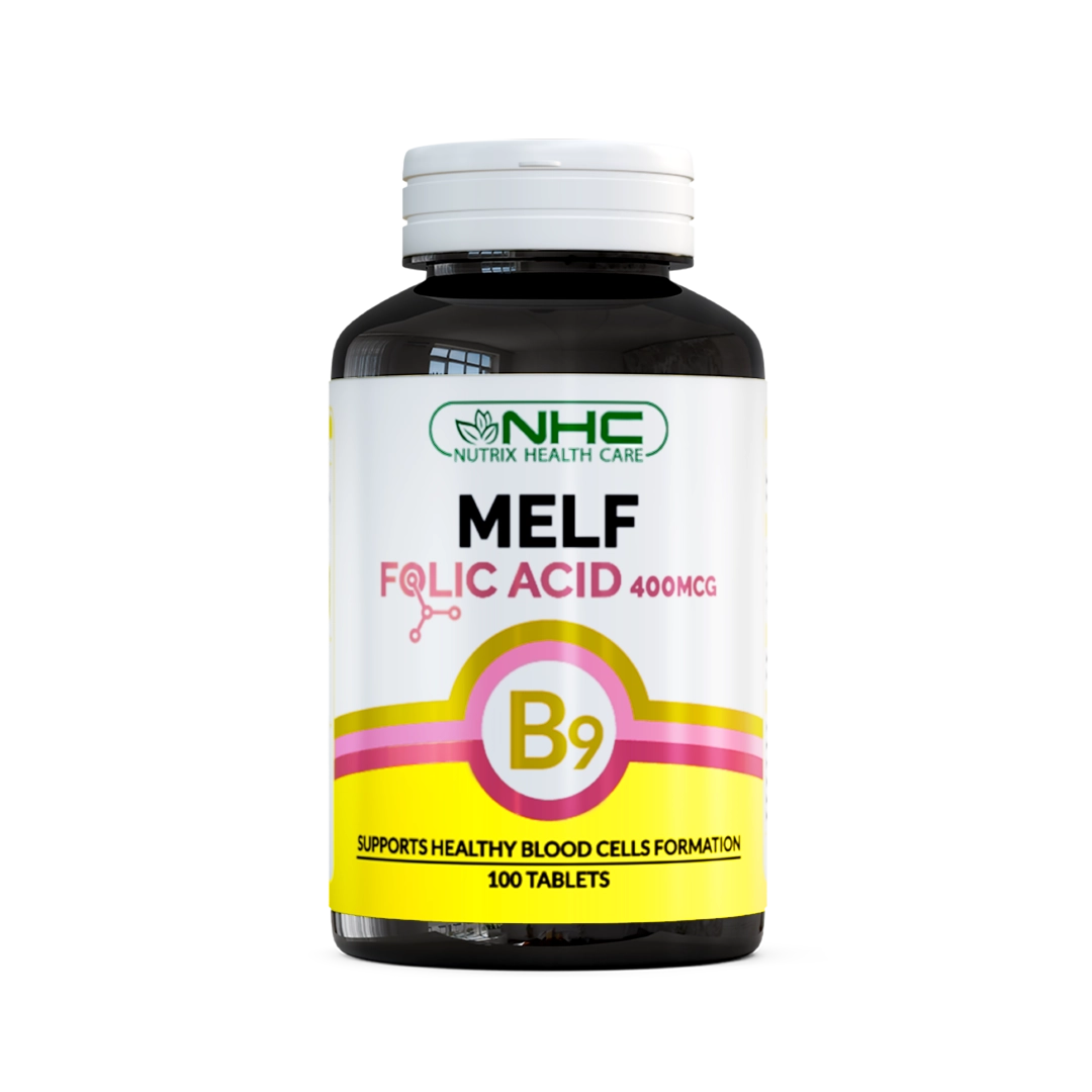 NHC Melf Folic Acid 400mcg (Vitamin B9) supplement bottle, 100 tablets, front view