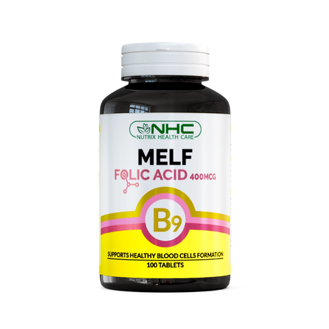 NHC Melf Folic Acid 400mcg (Vitamin B9) supplement bottle, 100 tablets, front view