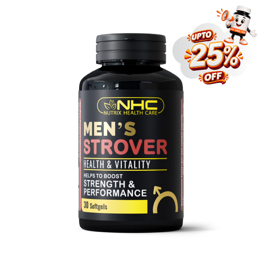 A black bottle of NHC Men's Strover Health & Vitality softgels, featuring a black cap and a black label with gold, red, and white text. An orange promotional badge in the top right corner reads 'UPTO 25% OFF' with a cartoon mascot.