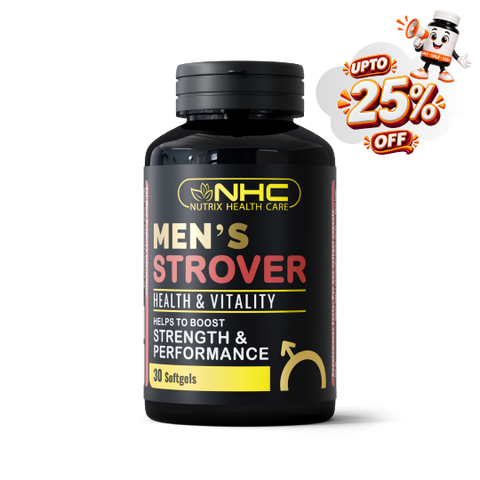 A black bottle of NHC Men's Strover Health & Vitality softgels, featuring a black cap and a black label with gold, red, and white text. An orange promotional badge in the top right corner reads 'UPTO 25% OFF' with a cartoon mascot.