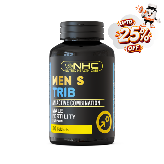 A black bottle of NHC Men's Trib male fertility support tablets, featuring a black cap and a black label with yellow and blue text, alongside a promotional 'UPTO 25% OFF' cartoon badge in the top right corner.