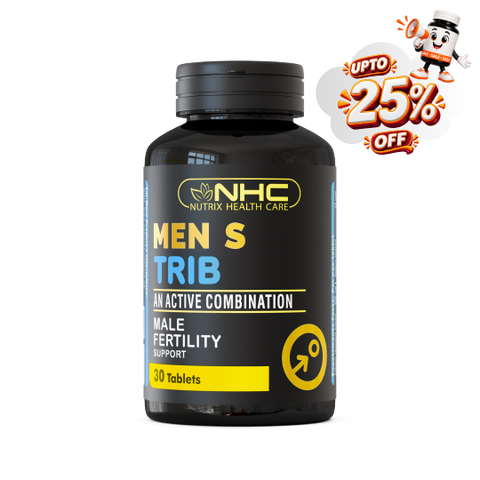A black bottle of NHC Men's Trib male fertility support tablets, featuring a black cap and a black label with yellow and blue text, alongside a promotional 'UPTO 25% OFF' cartoon badge in the top right corner.