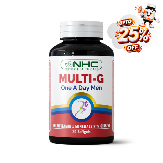 NHC Nutrix Health Care Multi-G One A Day Men multivitamin and minerals supplement bottle with a white cap, shown on a white background with a promotional 'UPTO 25% OFF' badge in the top right corner.