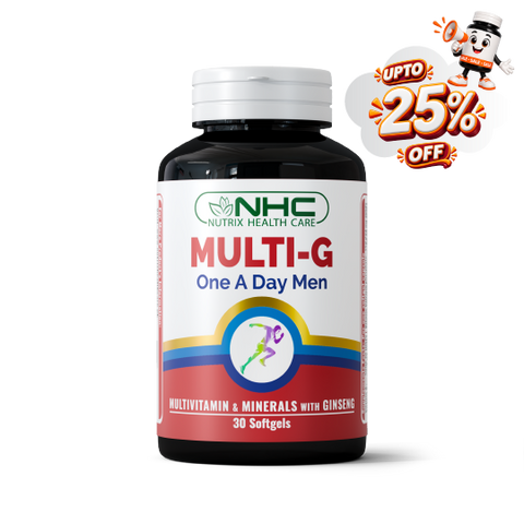 NHC Nutrix Health Care Multi-G One A Day Men multivitamin and minerals supplement bottle with a white cap, shown on a white background with a promotional 'UPTO 25% OFF' badge in the top right corner.