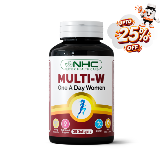 A bottle of NHC Nutrix Health Care Multi-W One A Day Women softgels, featuring a white and red label with a white cap, shown on a white background with a promotional 'UPTO 25% OFF' cartoon badge in the top right corner.