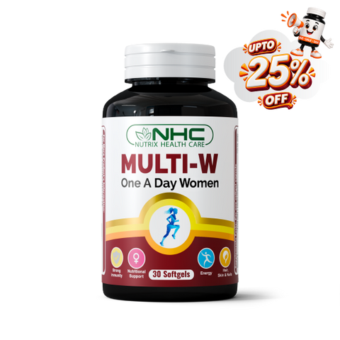 A bottle of NHC Nutrix Health Care Multi-W One A Day Women softgels, featuring a white and red label with a white cap, shown on a white background with a promotional 'UPTO 25% OFF' cartoon badge in the top right corner.