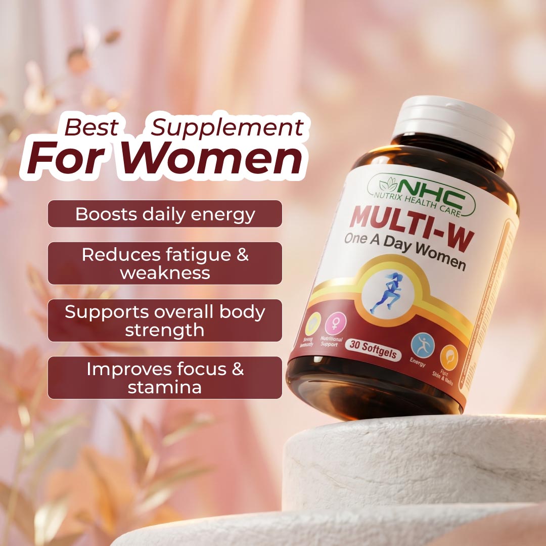 NHC Multi-W One A Day Women multivitamin supplement bottle showing benefits: boosts daily energy, reduces fatigue, supports body strength, and improves focus and stamina