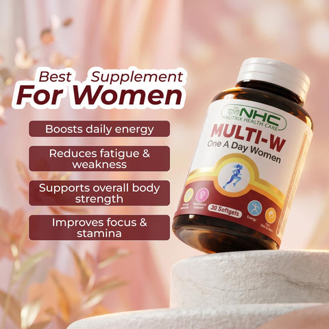 NHC Multi-W One A Day Women multivitamin supplement bottle showing benefits: boosts daily energy, reduces fatigue, supports body strength, and improves focus and stamina