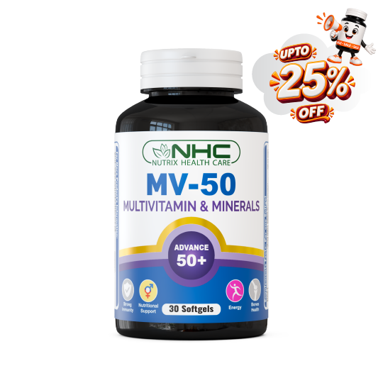 A bottle of NHC Nutrix Health Care MV-50 Multivitamin & Minerals softgels, featuring a white and purple label with a white cap, shown against a plain white background with a promotional 'UPTO 25% OFF' cartoon badge in the top right corner.