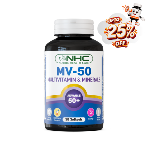 A bottle of NHC Nutrix Health Care MV-50 Multivitamin & Minerals softgels, featuring a white and purple label with a white cap, shown against a plain white background with a promotional 'UPTO 25% OFF' cartoon badge in the top right corner.