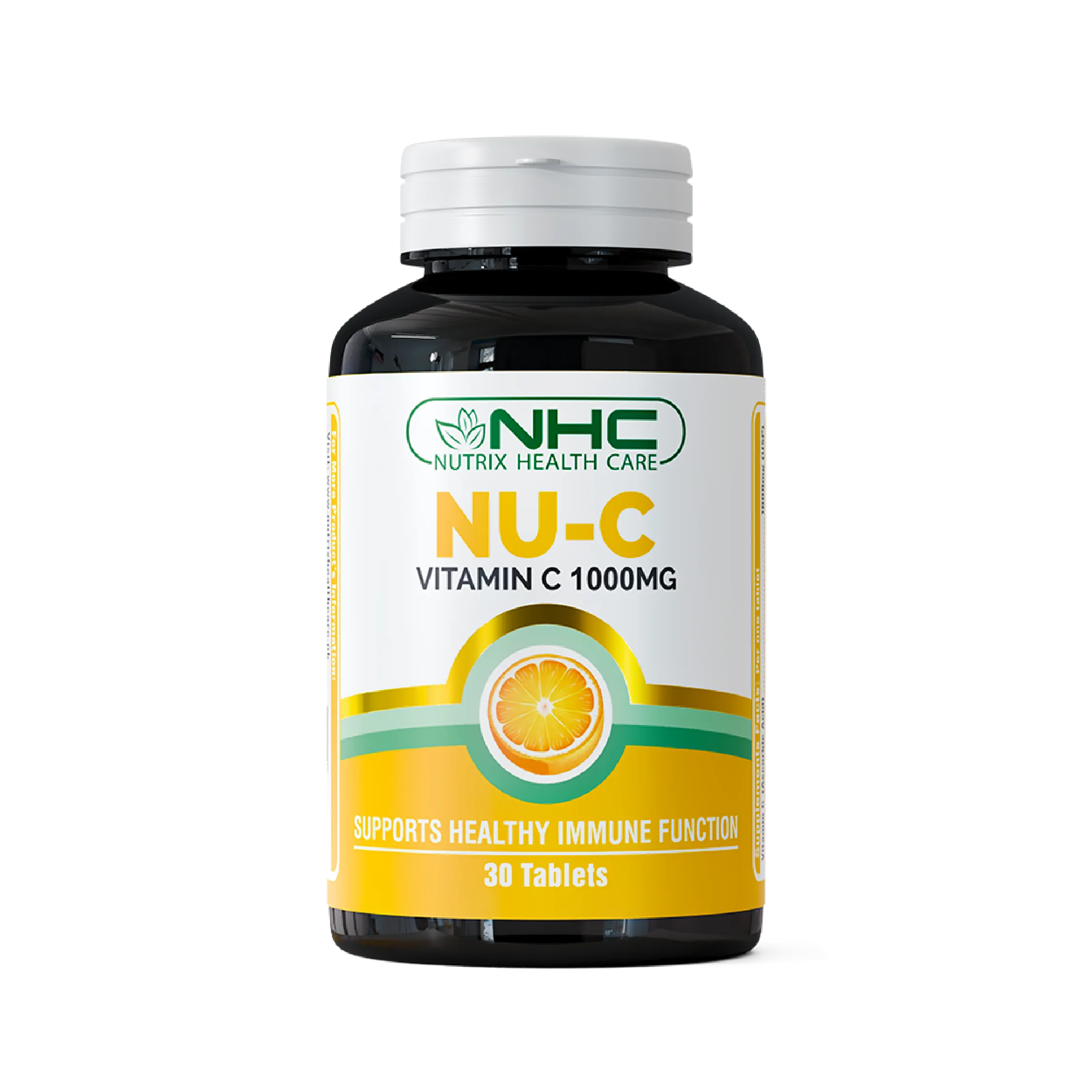 NHC Nutrix Health Care NU-C Vitamin C 1000mg dietary supplement bottle front label with orange graphic, supports healthy immune function, 30 tablets