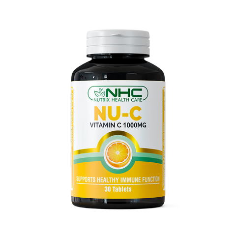 NHC Nutrix Health Care NU-C Vitamin C 1000mg dietary supplement bottle front label with orange graphic, supports healthy immune function, 30 tablets