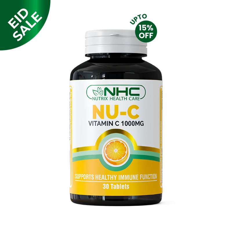 NHC Nutrix Health Care NU-C Vitamin C 1000mg dietary supplement bottle front label with orange graphic, supports healthy immune function, 30 tablets
