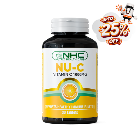 A bottle of NHC Nutrix Health Care NU-C Vitamin C 1000MG tablets, featuring a white and yellow label with an orange slice graphic, set against a plain white background with a promotional 'UPTO 25% OFF' badge in the top right corner.