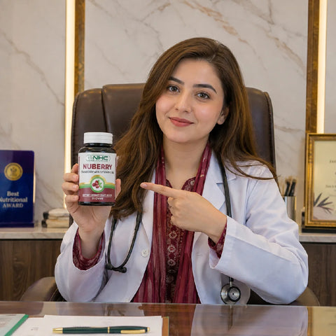 Female doctor pointing at NHC Nuberry cranberry supplement bottle in her office