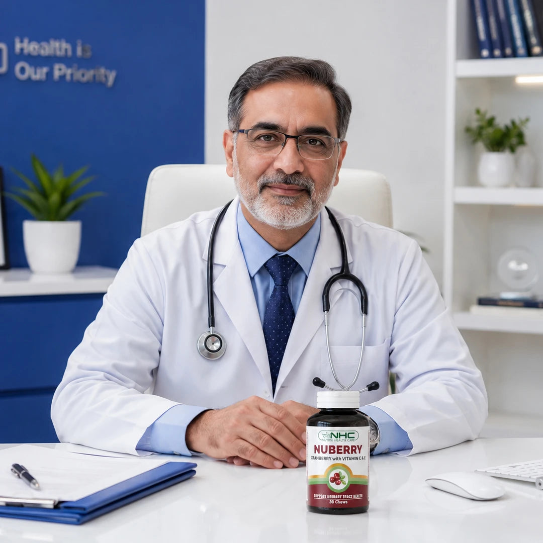 Senior doctor with stethoscope seated at desk beside NHC Nuberry cranberry supplement bottle