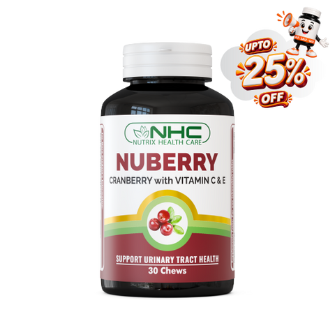 A bottle of NHC Nutrix Health Care Nuberry Cranberry chews, featuring a white cap and a white label with red and green accents, set against a plain white background with a promotional 'UPTO 25% OFF' badge in the top right corner.