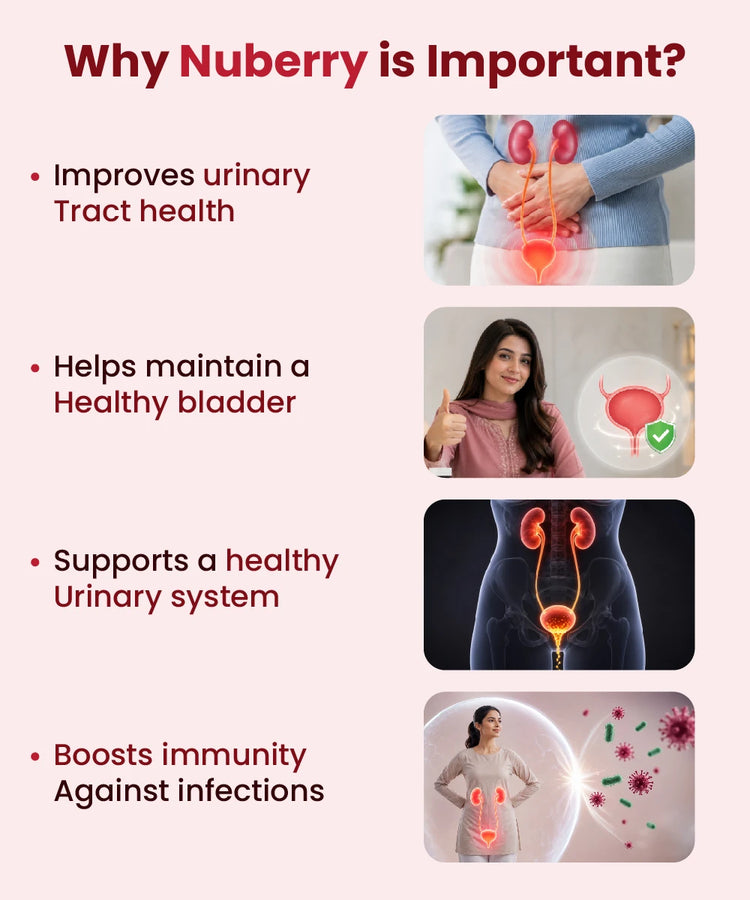 Why Nuberry is important: improves urinary tract health, maintains healthy bladder, supports urinary system, boosts immunity against infections