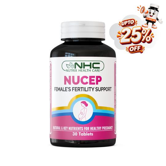 A bottle of NHC Nutrix Health Care Nucep Female's Fertility Support tablets, shown with a promotional 'UPTO 25% OFF' badge in the top right corner.