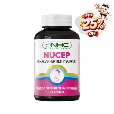 A bottle of NHC Nutrix Health Care Nucep Female's Fertility Support tablets, shown with a promotional 'UPTO 25% OFF' badge in the top right corner.