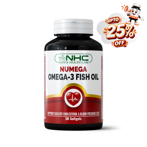 A bottle of NHC Numega Omega-3 Fish Oil softgels on a white background, featuring a promotional badge in the top right corner offering up to 25% off.
