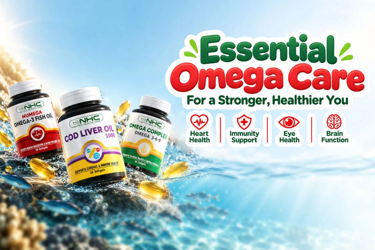 Essential Omega Care by NHC: Numega Omega-3 Fish Oil, Cod Liver Oil 1000 and Omega Complex 3-6-9 softgels supporting heart, immunity, eye and brain health